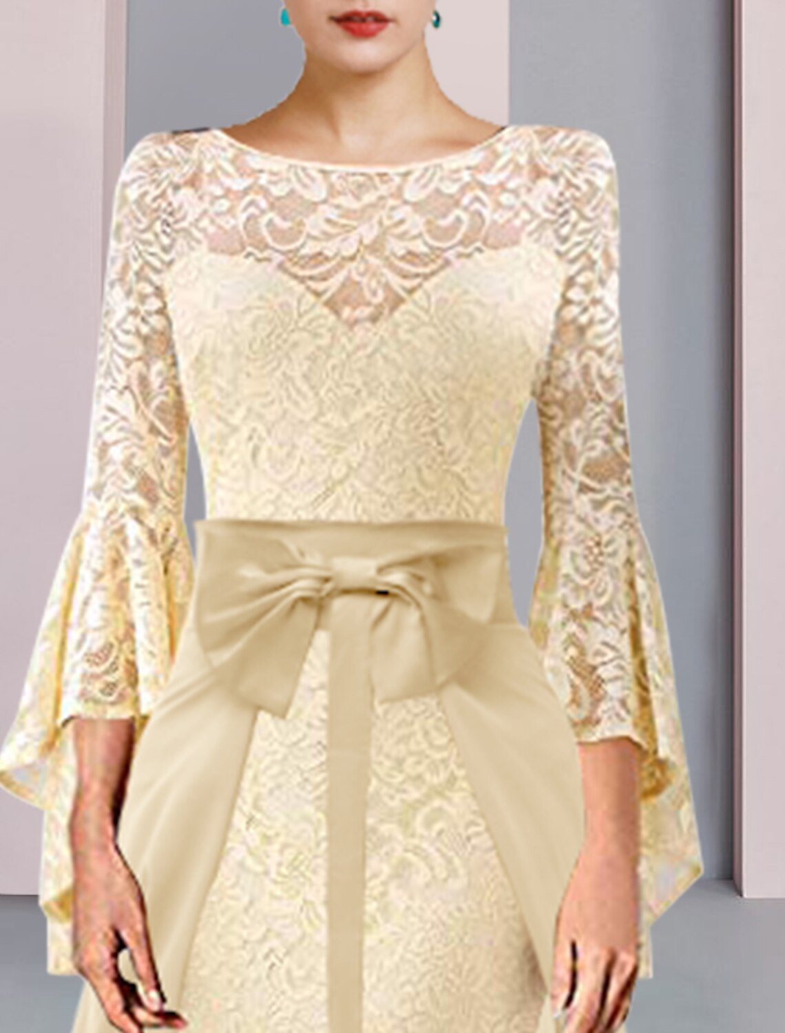 Wholesale  Two Piece Sheath / Column Mother of the Bride Dress Formal Wedding Guest Elegant Scoop Neck Knee Length Chiffon Lace 3/4 Length Sleeve with Bow(s)